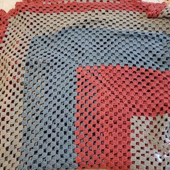 Vintage 70s Rose Blue and Gray Crocheted Afghan Blanket 84 by 84 - Picture 2 of 4